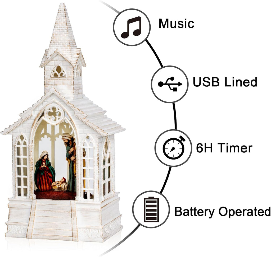 Christmas Nativity Snow Globe Lantern Musical Holy Family Lighted Water Church with Silent Night Music for Christmas