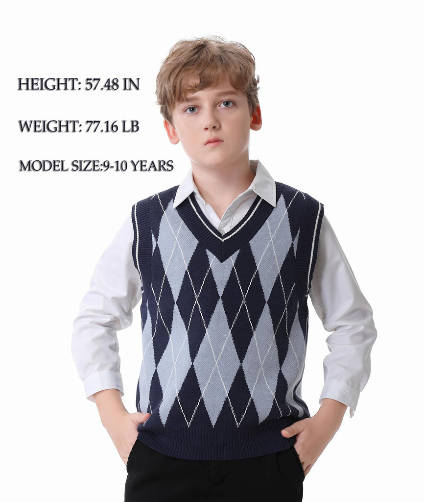Boys Argyle Sweater Vest V-Neck Uniform Sleeveless Vest Kids Over Knit Sweaters for Children Navy