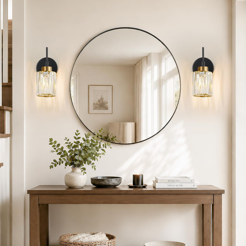 Bathroom Wall Sconces Set of 2, Black & Gold Wall Lights with Clear K9 Crystal Shades, Bathroom Light Fixtures