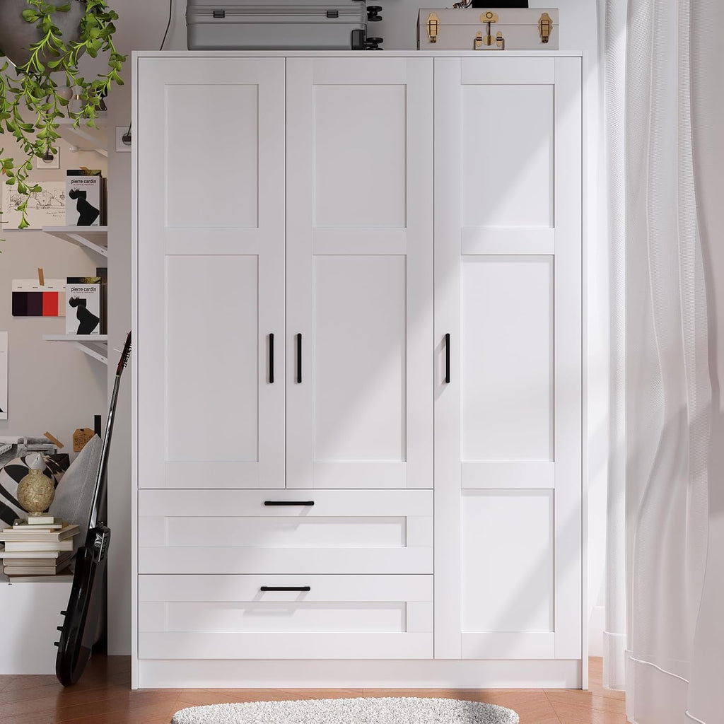 3 Doors Wooden Wardrobe Closet Armoire, White Storage Cabinet for Hanging Clothes, Bedroom Large Capacity