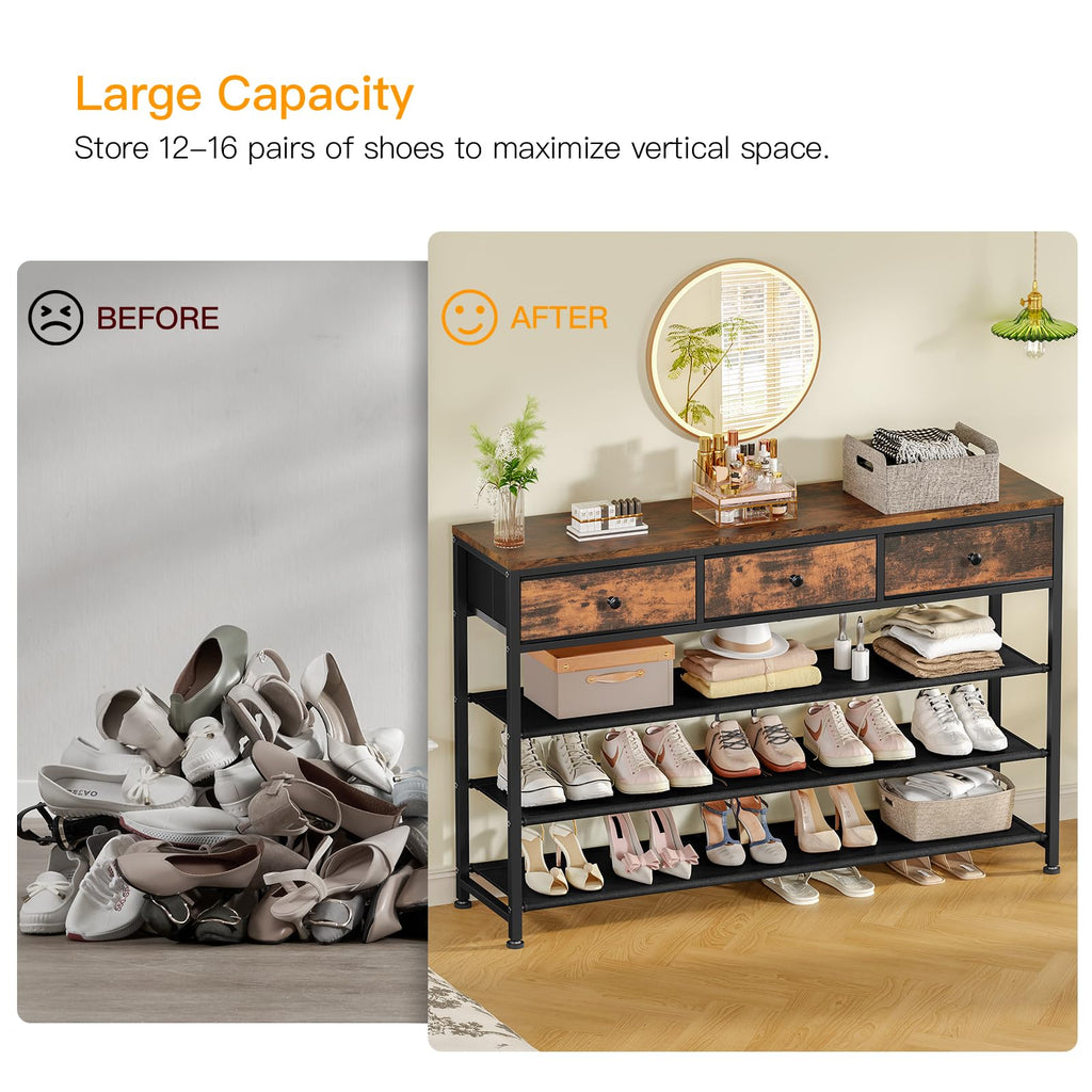4 Tier Shoe Rack with 3 Drawers & 3 Oxford Fabric Shelves, Holds 15-18 Pairs, Metal Shoe Storage with Wood Top, Shoe