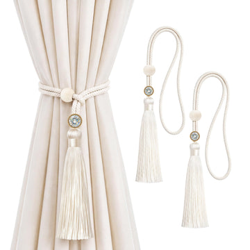 Curtain Tiebacks, Boho Curtain Holdbacks with Tassels, Beige, 4 Pcs