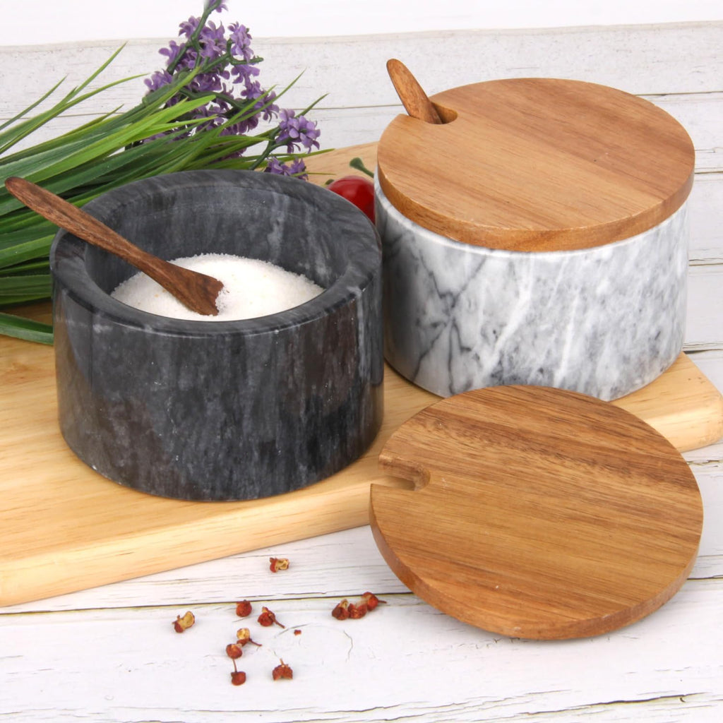 Marble Salt Cellar Box with Wood Lid & Spoon, Light Grey Bowl - Set of 3