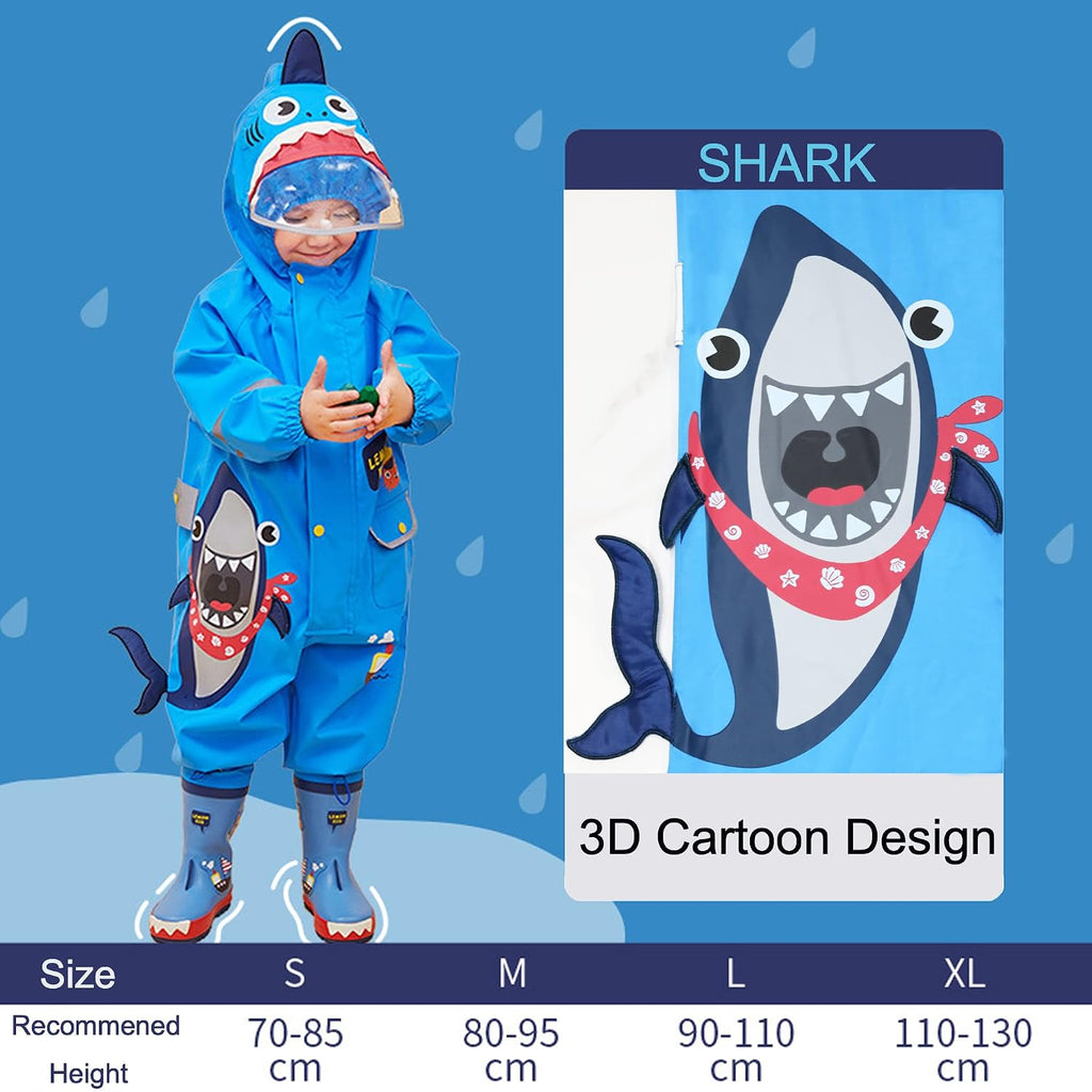 Toddler Boys Rain Suit Lightweight Waterproof Coveralls Cartoon Shark Hoodie Rain Jacket M Size