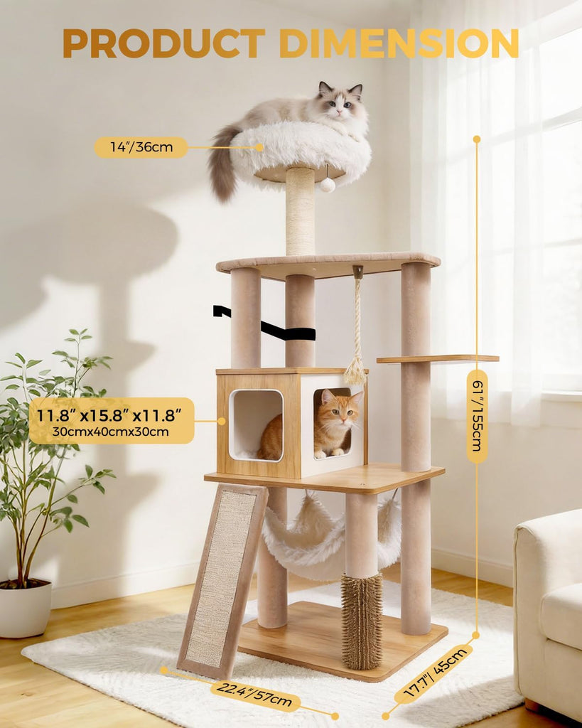 61" Modern Cat Tree, Tall Cat Tower with Self-Grooming Brush
