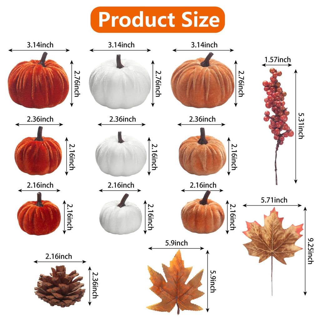 21 PCS Fall Artificial Velvet Pumpkins Set, Fake Fabric Pumpkins Faux Foam Pumpkin, Orange Khaki White Pumpkin