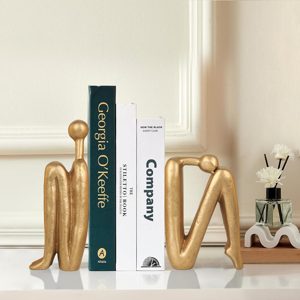 Thinker Cast Iron Bookends, Heavy-Duty Decorative Book End Stoppers for Shelves, Abstract Decor Aesthetic, Smooth