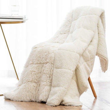 Shaggy Faux Fur Weighted Blanket for Adult 15lbs, Queen Size 60x80 | Fluffy Long Plush Fleece; Fuzzy Sherpa Reverse;