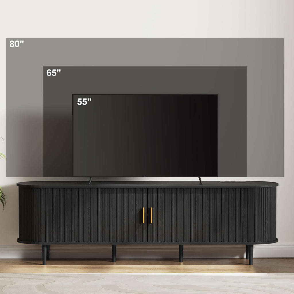 70.8 Inch Mid Century Modern TV Stand with Power Outlet for TVs up to 80 Inch, Entertainment Center with Storage and