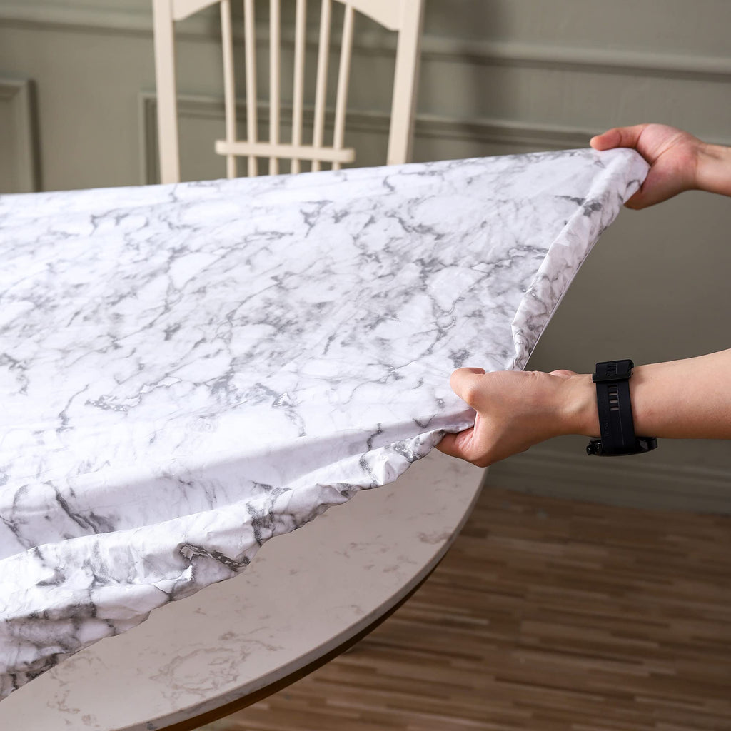 Round Vinyl Fitted Tablecloth with Flannel Backing Elastic Edge Design Table Cover Waterproof Oil-Proof PVC Table