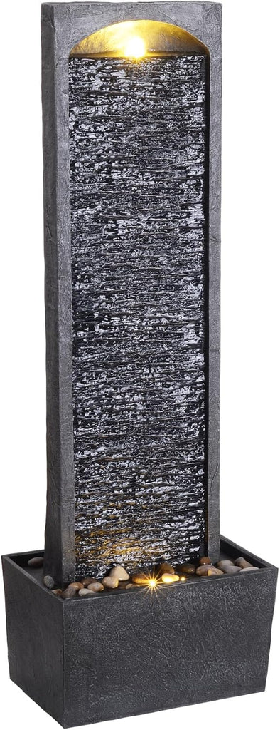 38.5" Faux Slate Contemporary Outdoor LED Waterfall Fountain with Pebble Base, Gray/Black