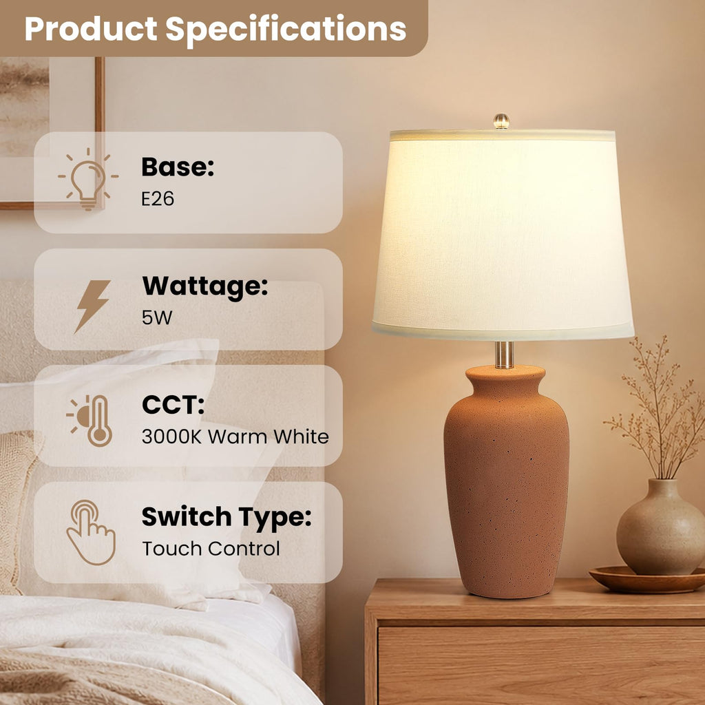 Set of 2 Ceramic Table Lamps, Terracotta Touch Dimmable Lamps