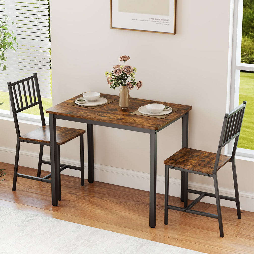 3 Piece Dining Table Set for 2 with Steel Frame & Adjustable Feet, Small Kitchen Table with 2 Chairs, Modern