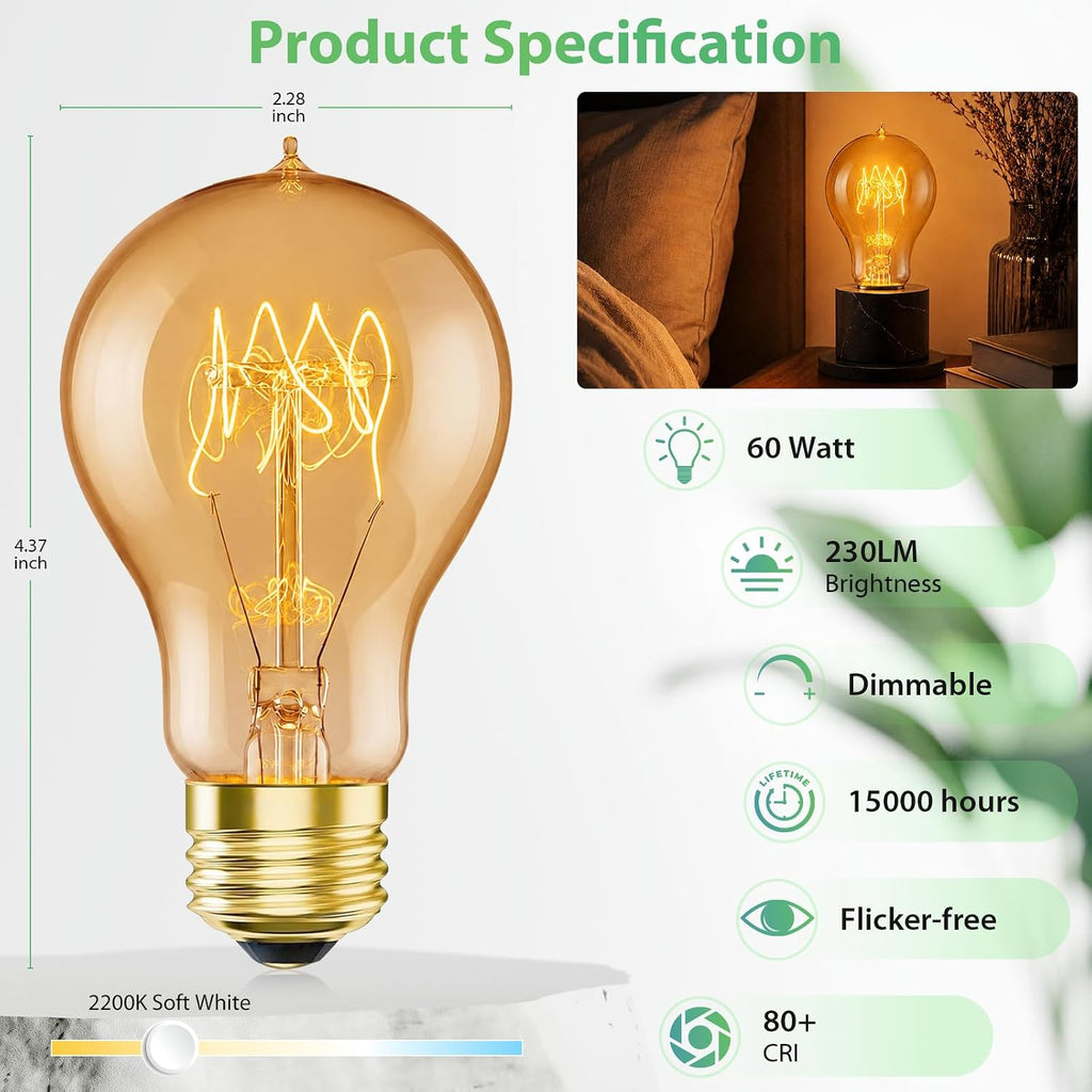 A19 60W Incandescent Light Bulbs, E26 Dimmable 2200K Amber, Vintage Edison Warm Glow, CRI 100, 230 Lumens