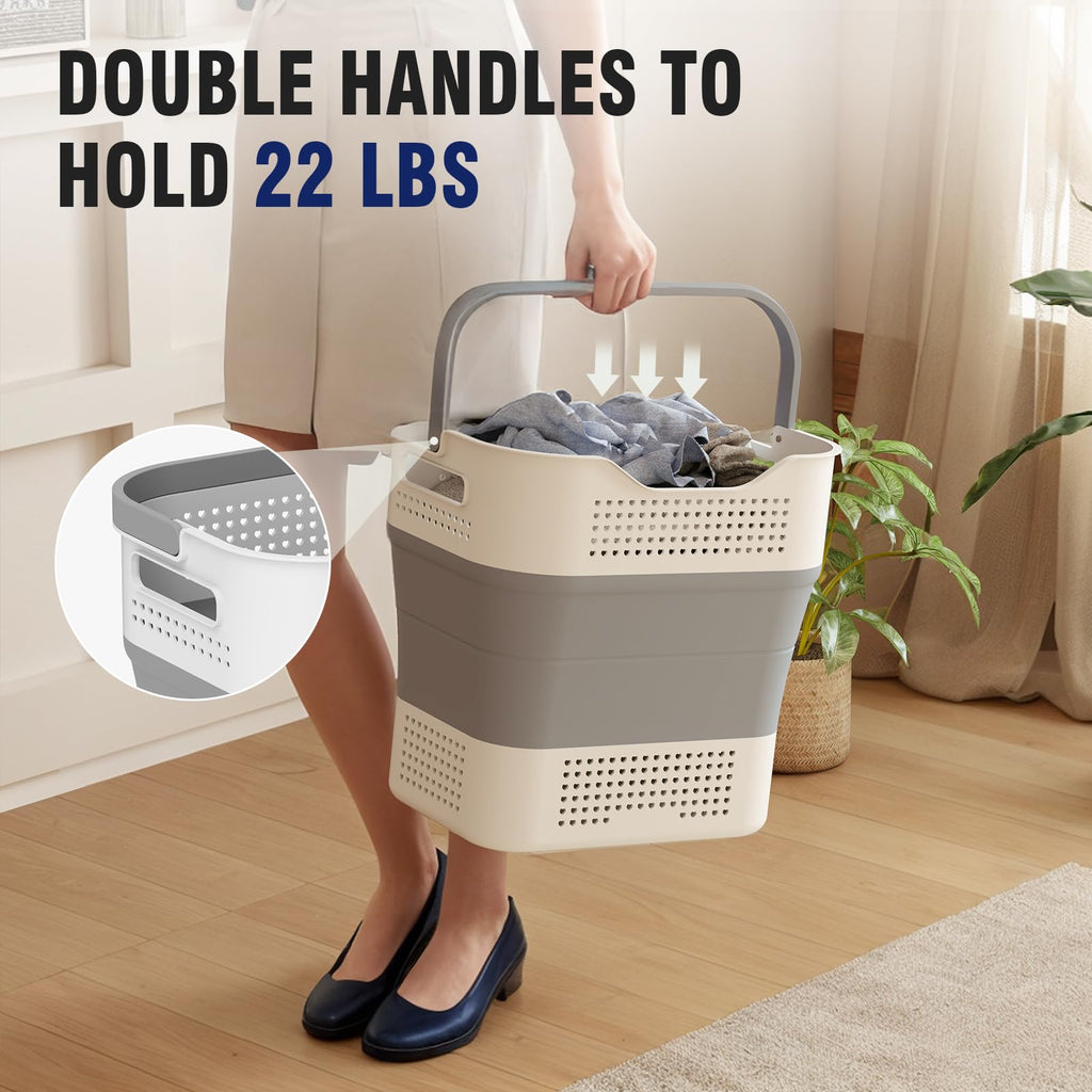 Collapsible Plastic Laundry Basket Hamper with Handles, 35L Portable Rubber Clothes Basket, Pop Up Storage