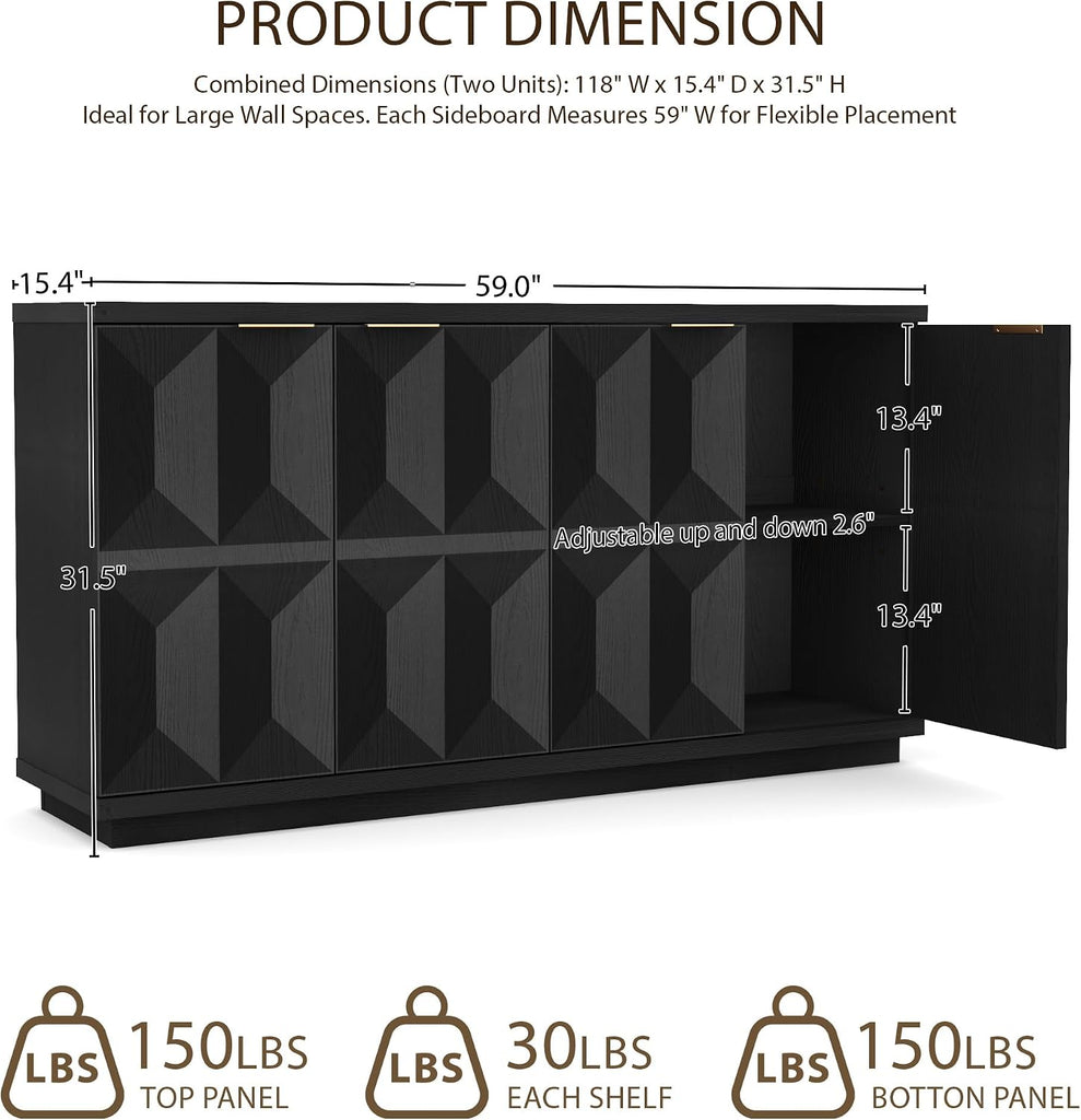 59" Black Sideboard Buffet Cabinet with Storage, Modern Credenza | 3D Geometric Pattern Doors, Adjustable Shelves