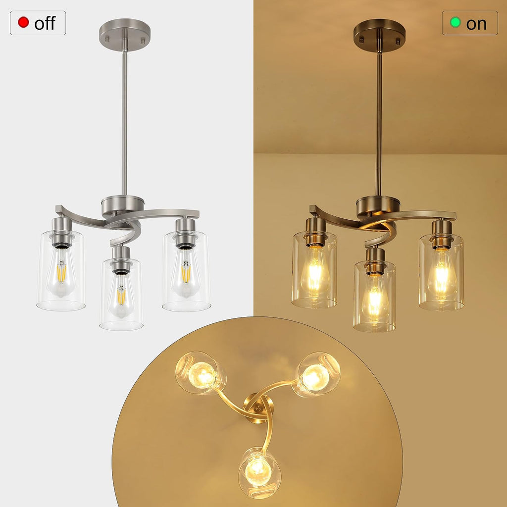 3 Light Brushed Nickel Dining Room Light Fixture,Modern Kitchen Chandeliers Over Table，Adjustable Height Industrial