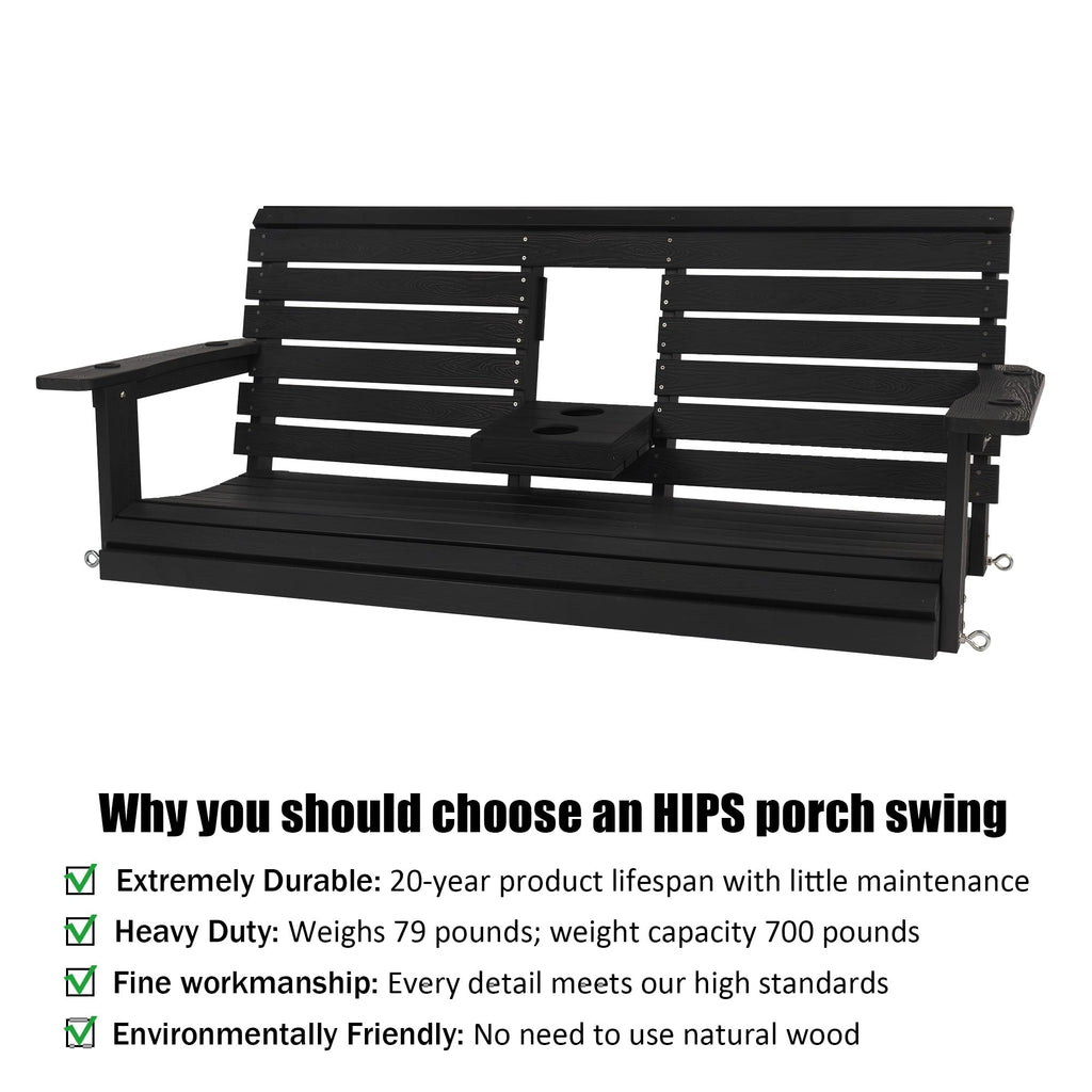 Poly Lumber 3-Seat Porch Swing, HIPS 5-Feet Bench Swing with Foldable Cup Holders, 18/8 Stainless Steel Hardware, High