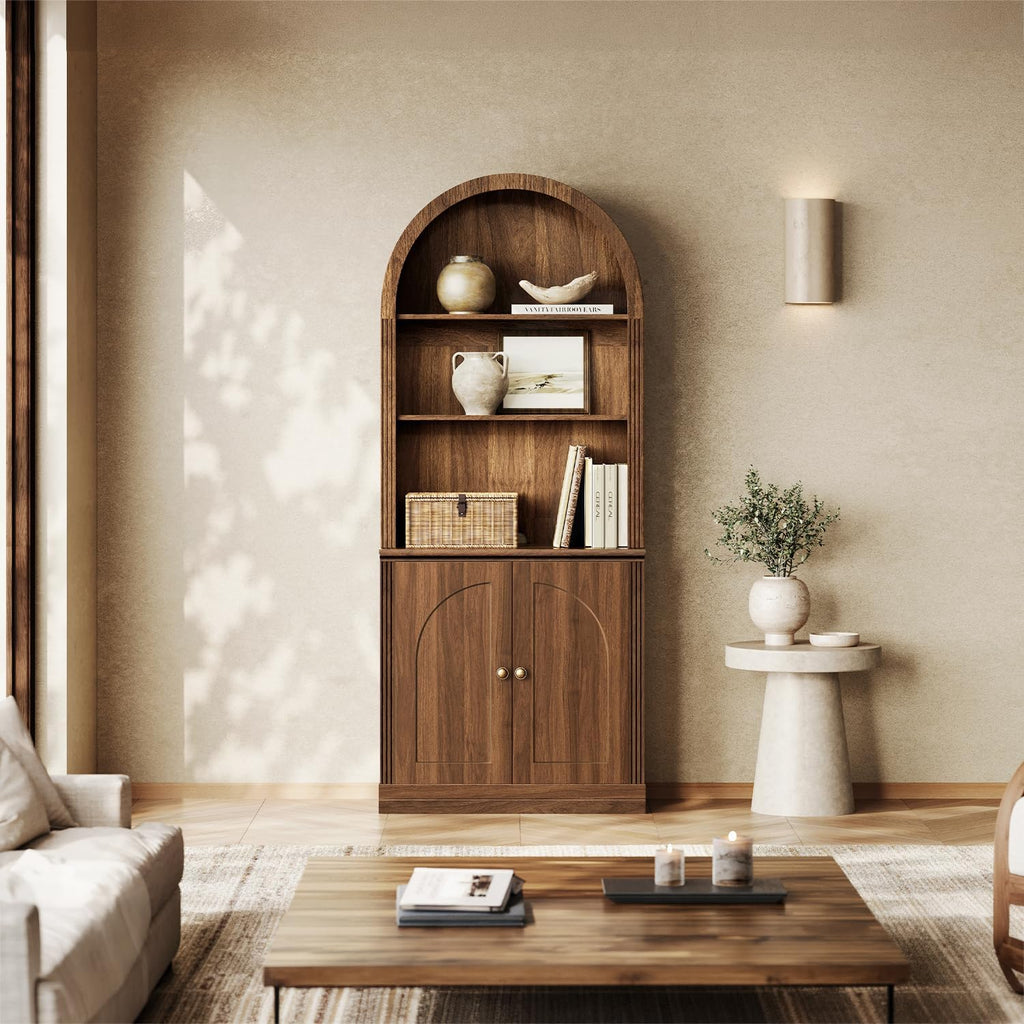 Monos 77-Inch Tall Modular Arched Bookcase with Door and Hutch, Walnut | Modular Setup, Vintage-Inspired Design