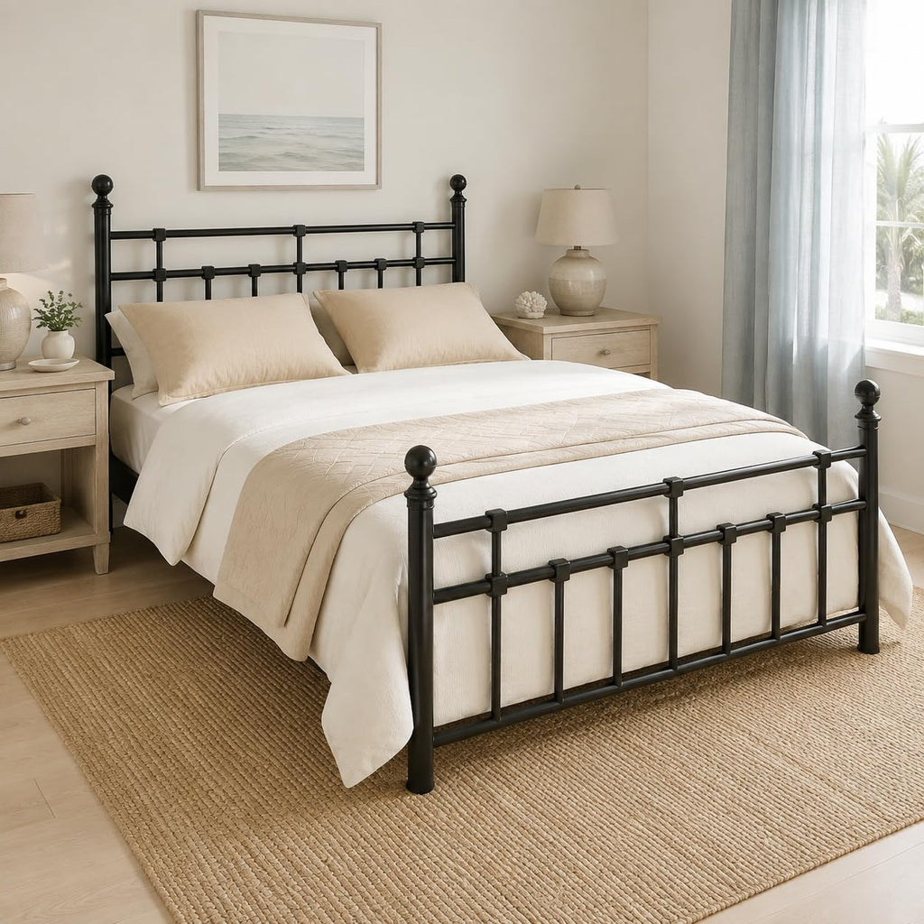 Metal Bed Frame with Vintage Headboard and Footboard, Farmhouse Bed Frame, Under Bed Storage, No Box
