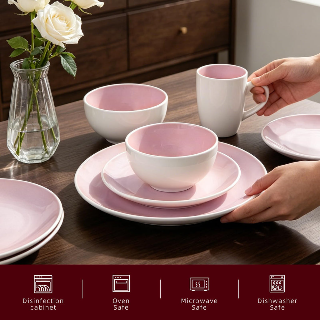 Stoneware Coupe Shape 16pc Dinnerware Set, Outside White + Inside Pink