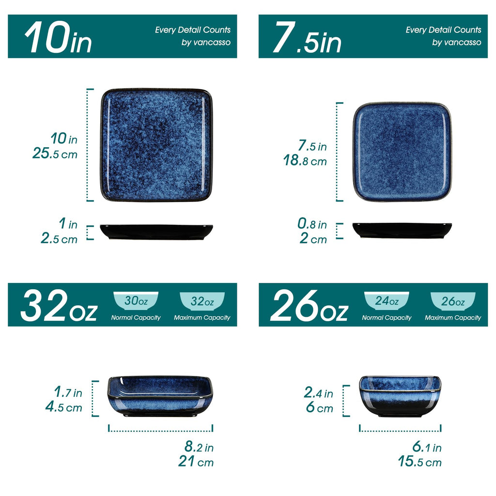 Square Stoneware Dinnerware Set for 4,16-Piece Plate and Bowl Set