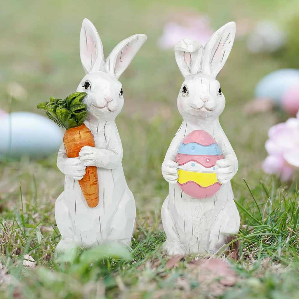 Easter Decorations Easter Bunny Decor Spring Decorations Resin Rabbits Statues with Carrot and Egg Tabletop - Set of 2