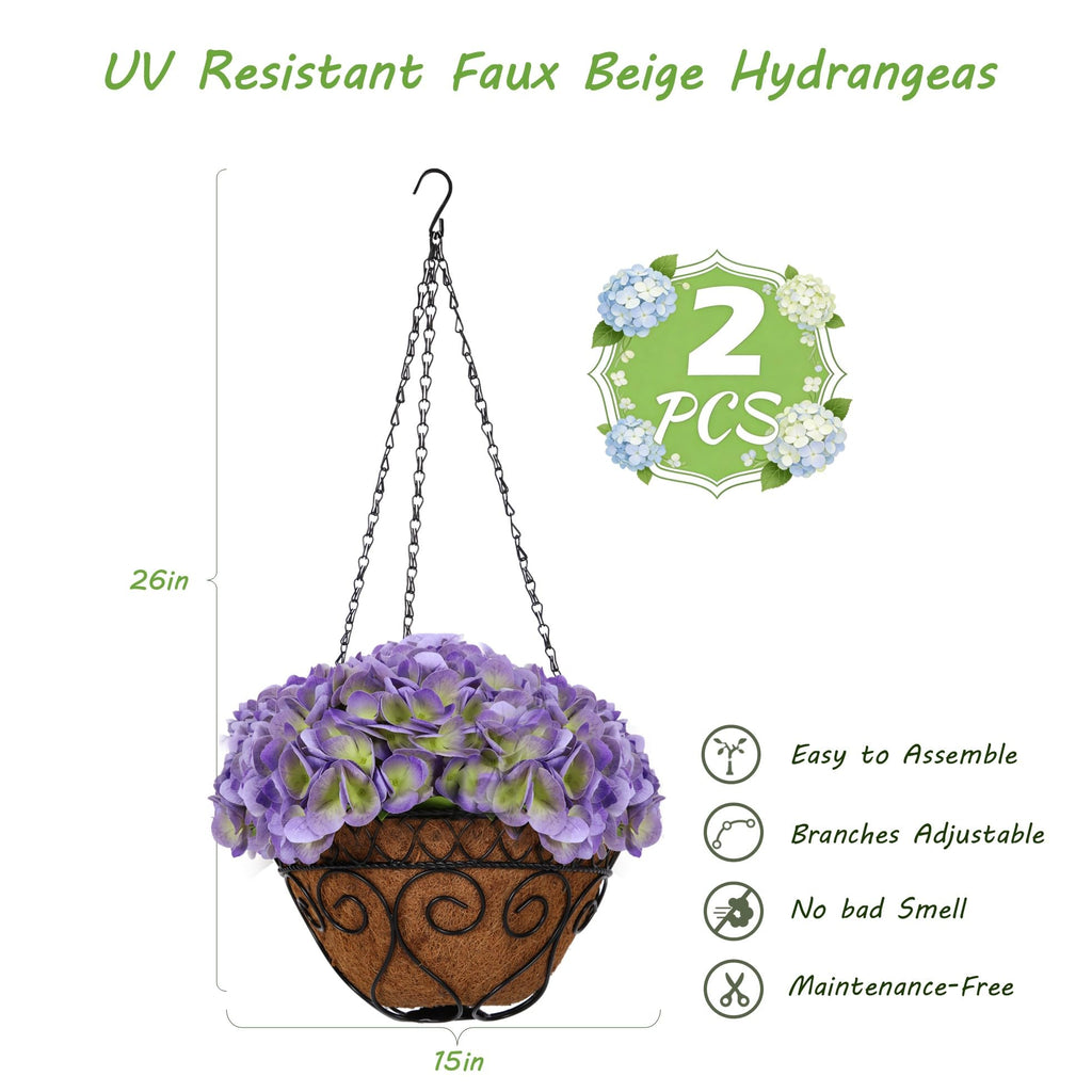 2 Pack Hanging Purple Hydrangea Artificial Flowers with 11in Basket, Outdoor Faux Silk Hydrangea Flowers, Real Touch