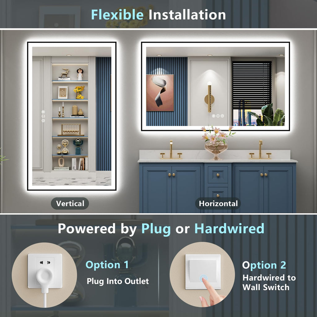 60x30 Black LED Bathroom Mirror, Backlit & Front Lit Lighted Mirror