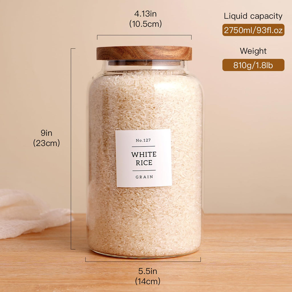 Set of 2 Large Glass Jar with Airtight Acacia Lid and 132 Kitchen Pantry Labels, Clear Glass Food Storage Jars