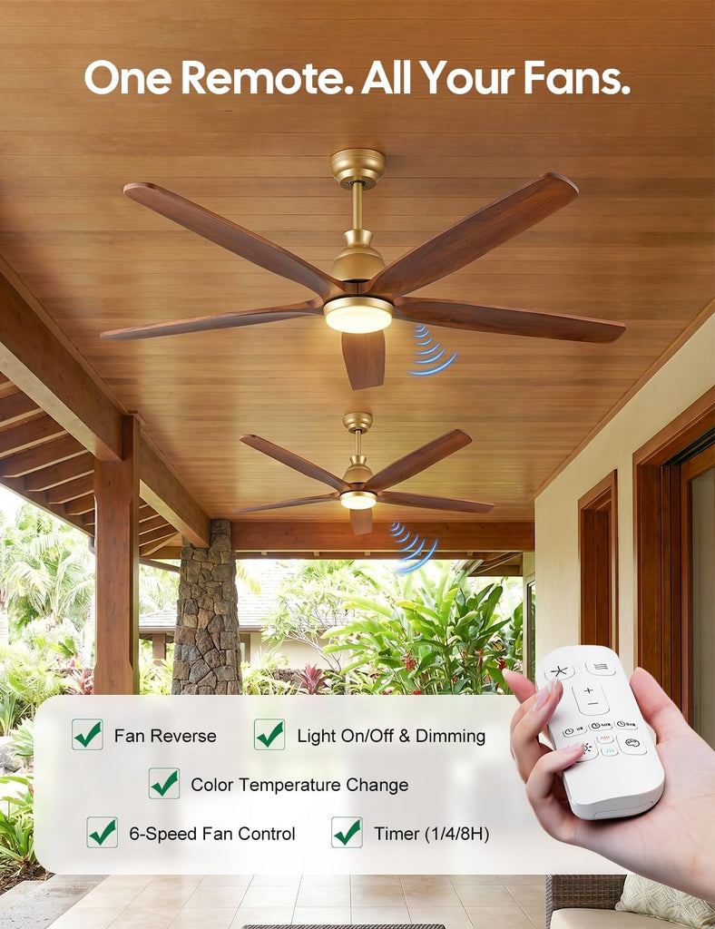 60 Inch Outdoor Ceiling Fan with Lights, Gold Brass Finish, 5 Solid Walnut Wood Blades, High CFM Quiet DC Motor