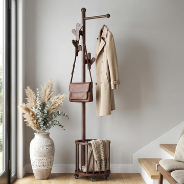 Freestanding Wooden Coat Rack with Umbrella Holder,Dark Walnut Coat Rack with Hooks, Space-Saving Entryway Organizer