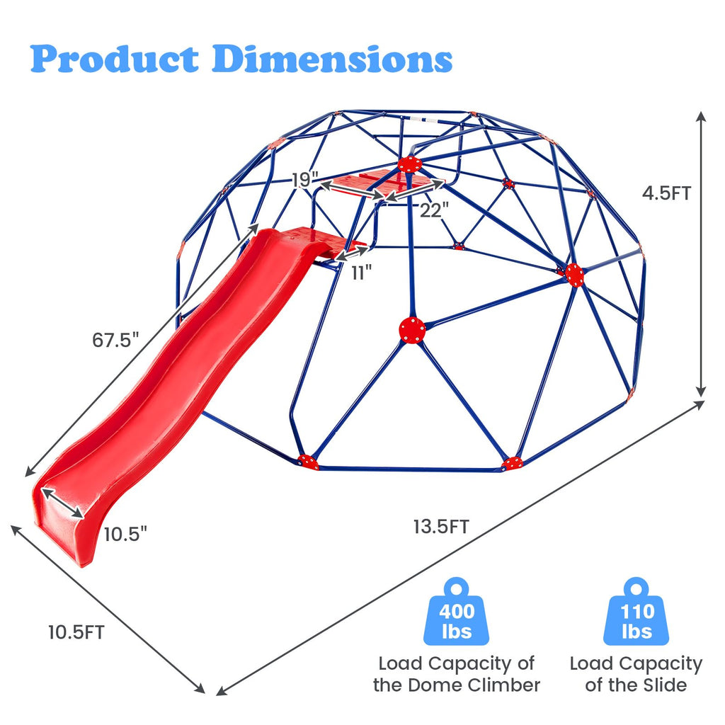 Climbing Dome with Slide, Kids Outdoor Jungle Gym Geometric Dome Climber, Steel Frame, 13.3FT Climb Structure