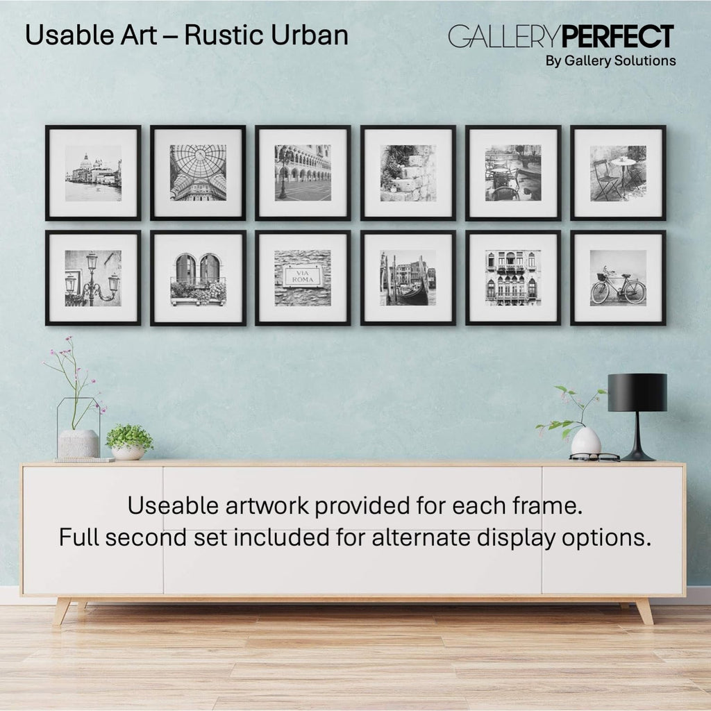 Perfect 12-Piece Black Photo Frame Set with Hanging Template - 12x12 Picture Frame Matted to 8x8 - Gallery Wall Kit