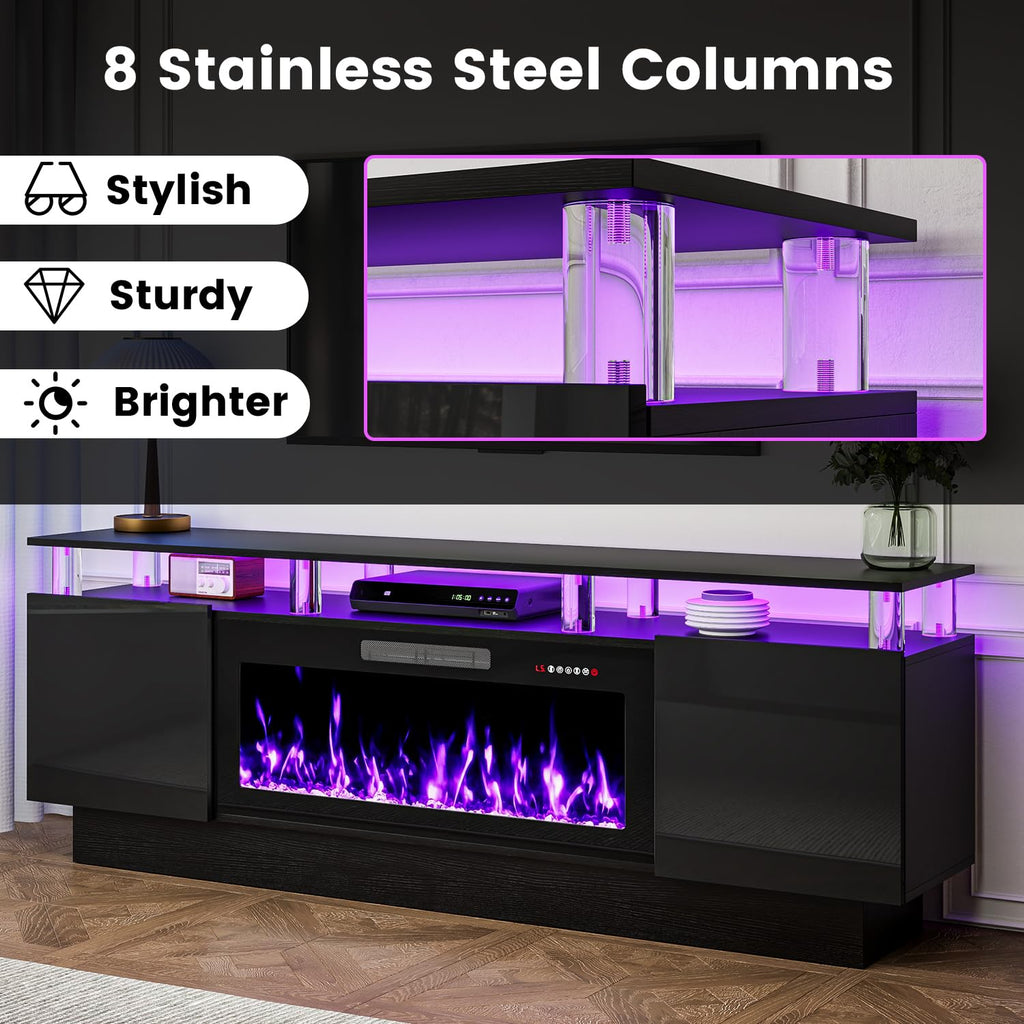 With 36" Fireplace, 70 Inch Black Fire Place TV Stands, Modern Electric with Cabinets & Acrylic Columns