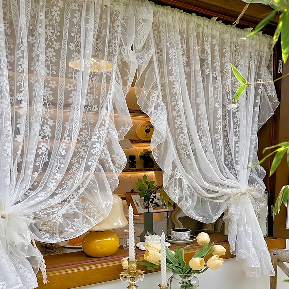 White Little Flower Knitted Lace Curtain with Ruffles for Daughters Bedroom