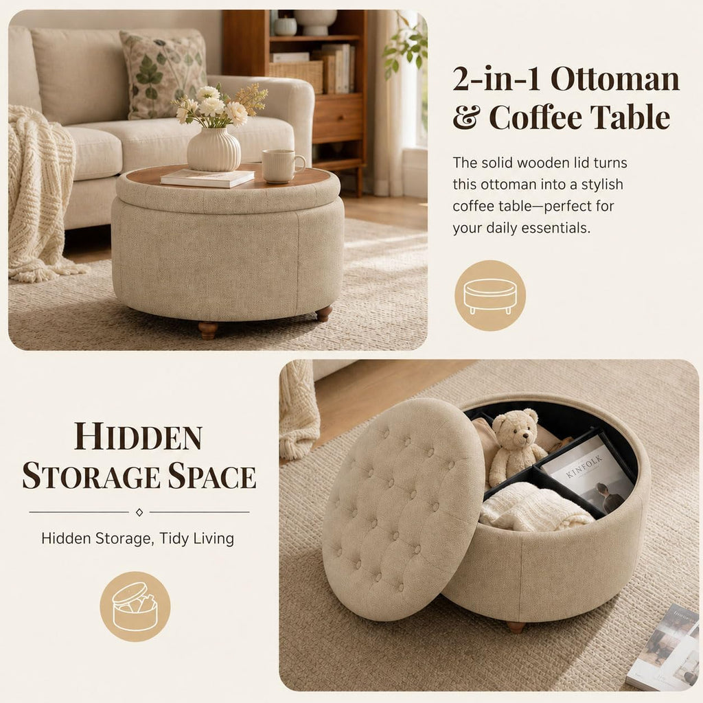 25" Round Ottoman with Storage, Small Coffee Table with Reversible Tray Lid | Tufted Fabric Round Storage Ottoman