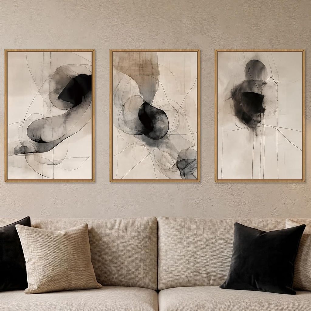 Large Abstract Neutral Black Framed Canvas Wall Art Set -24"x36"x3