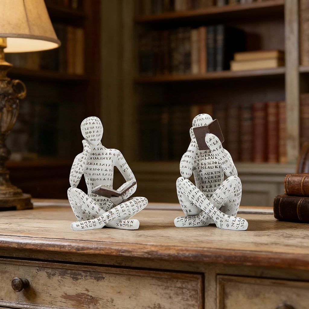 Abstract Art Pulp Reading Thinker Sculpture Bookshelf Decor, White, Set of 2