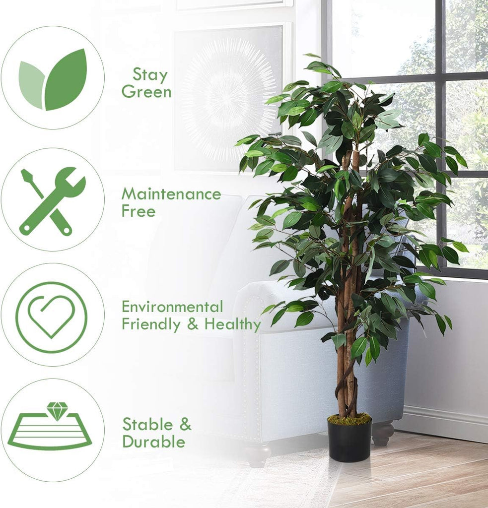 4FT Artificial Ficus Silk Tree, Potted Fake Tree w/Green Leaves and Natural Trunk, Maintenance Free, Tall Faux Plant