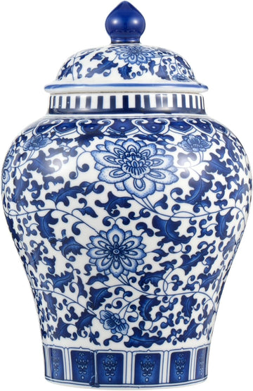 Blue and White Ginger Jar with Lid, 7.87 Inch Ceramic Chinoiserie Ginger Jar, Decorative Porcelain Ginger Vase