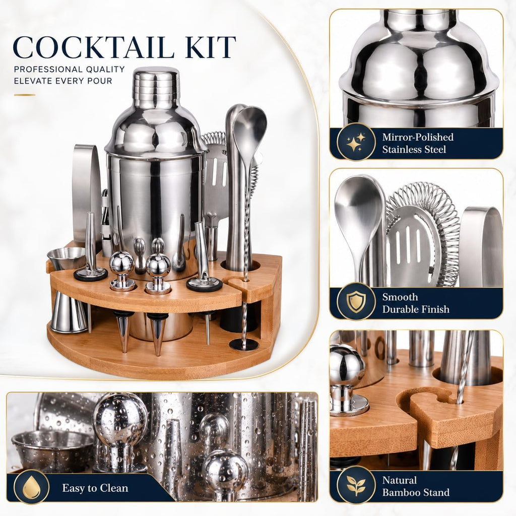 Cocktail Shaker Set with Bamboo Stand, 12-Piece 25oz Stainless Steel Bartender Kit, Martini & Margarita Bar Tools - Set of 12