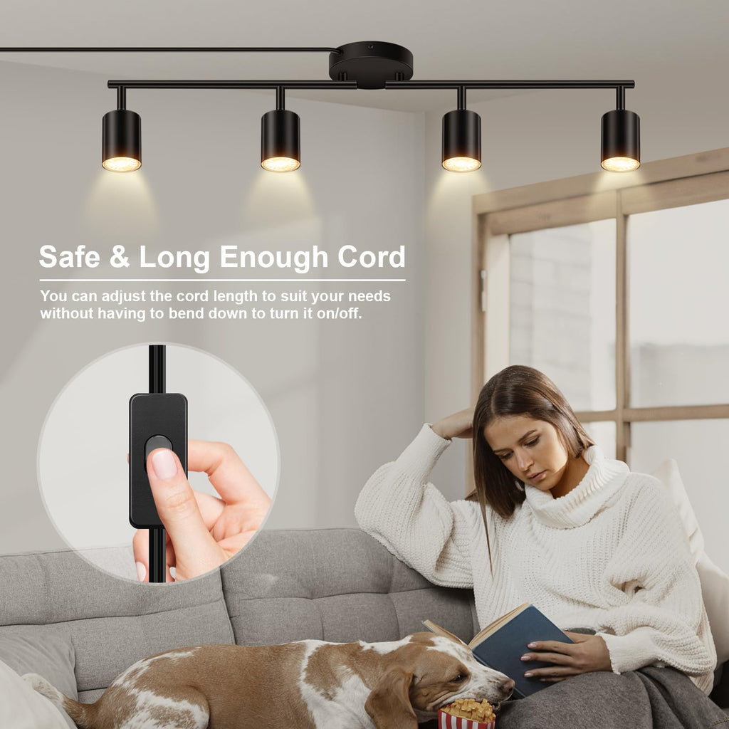 Plug in Track Lighting LED, Track Lighting Fixtures Ceiling, Black 4-Light Kitchen Light Kit, Plug in Wall Light