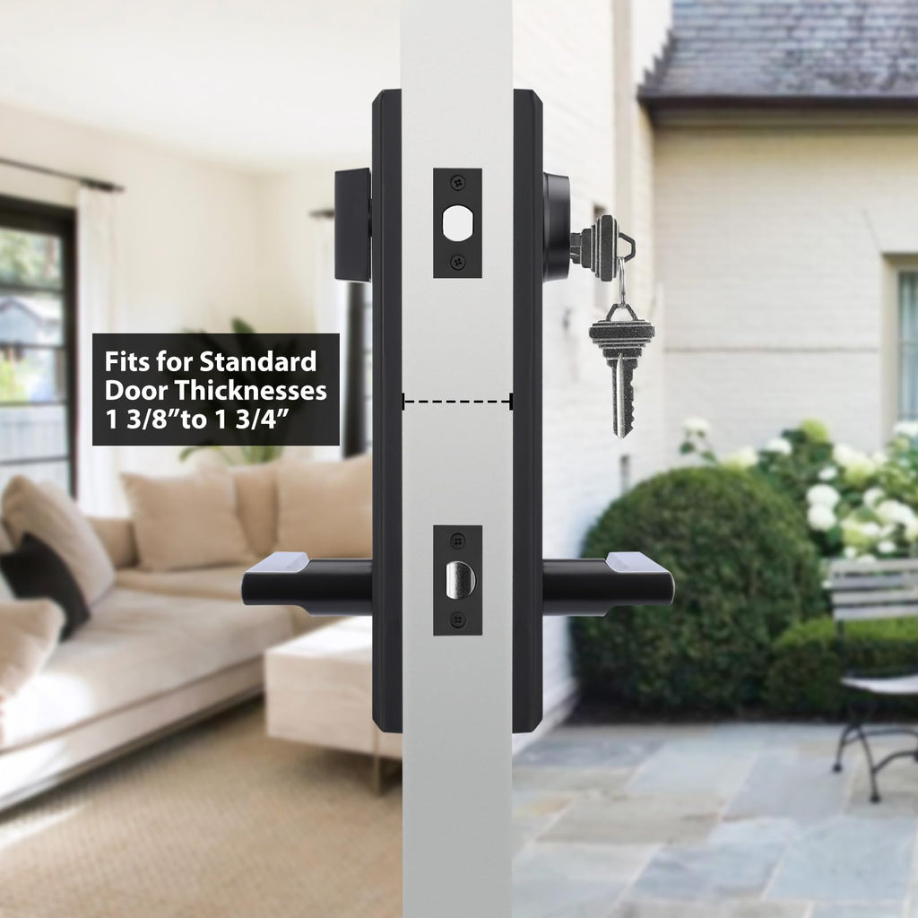Black Front Door Handle - Entry Door Lever and Deadbolt Set, Matte Black Exterior Door Lock Set, Modern Square Front