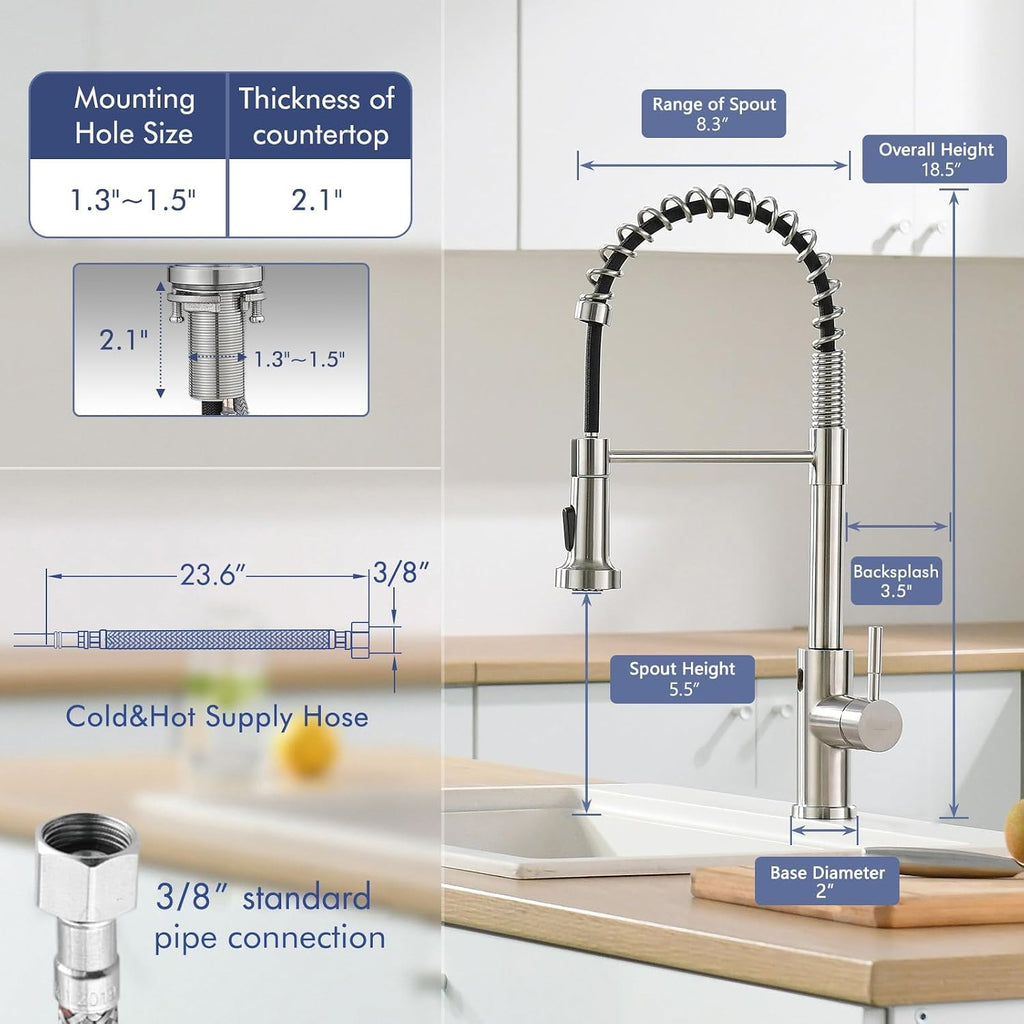 Touchless Kitchen Faucet with Spring Pull Down Sprayer | Brushed Nickel Finish, Motion Sensor Activated, Hands Free