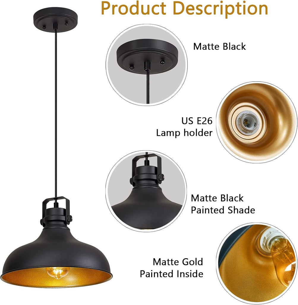 Black Farmhouse Pendant Lights Matte Pendant Lighting for Kitchen Island Industrial Adjustable Height Vintage Dome