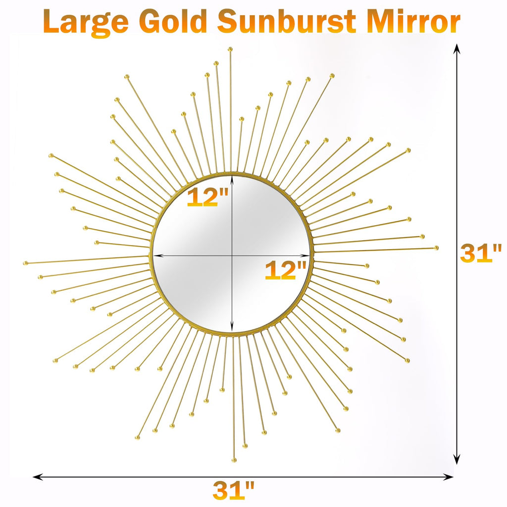 Large Gold Sunburst Mirror - 31" Starburst Wall Mirror with 12" Round Glass, Mid-Century Modern Elegant Gold Sun