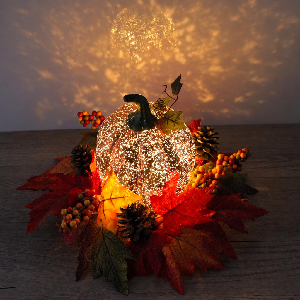 Lighted Pumpkin Fall Decor - LED Thanksgiving Decoration with Faux Maple Leaves, Berries, and Pinecones, Autumn