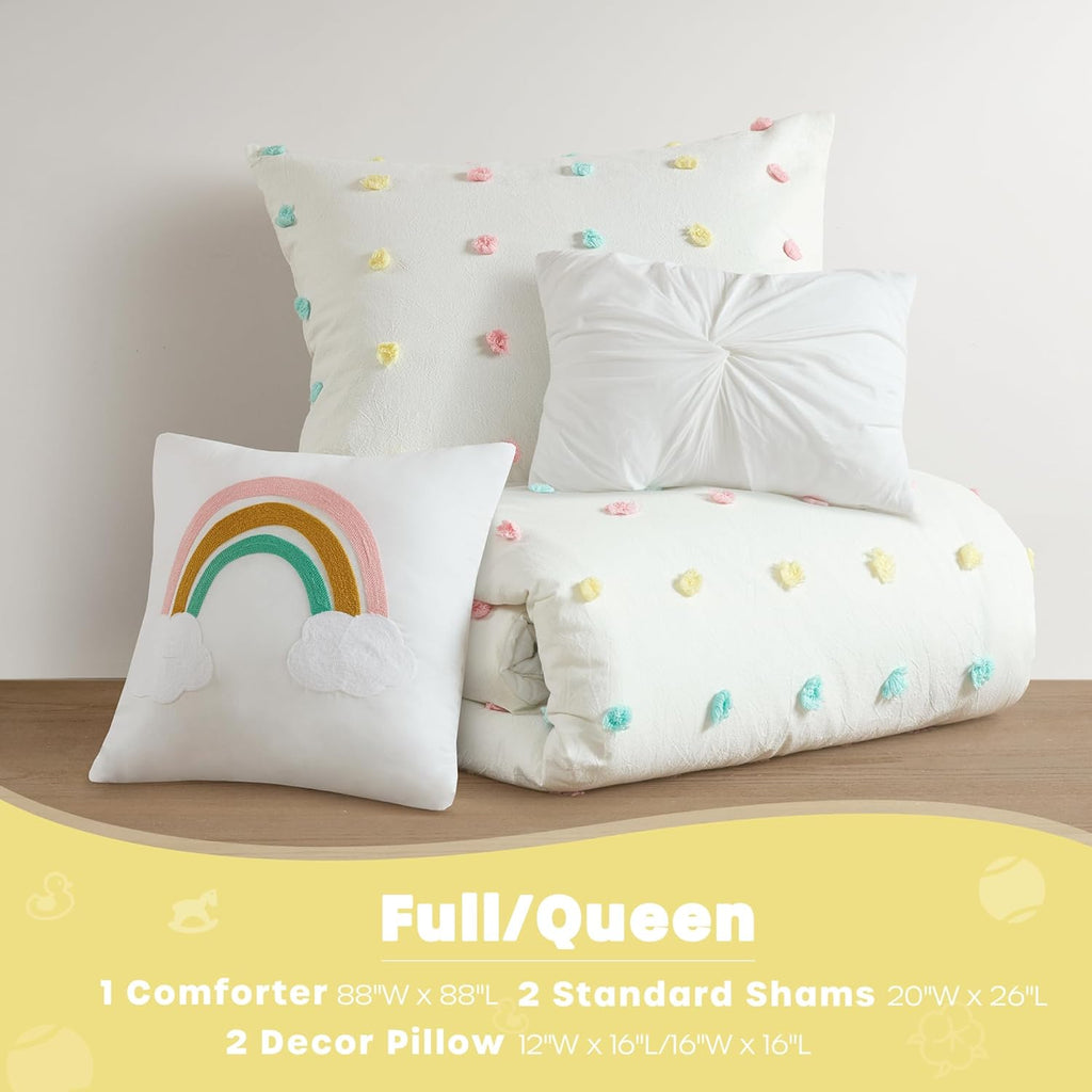 Girls Full/Queen Comforter Set, Ivory 5-Piece Kids Bedding, 100% Cotton Tufted Pom Pom Tufted Jacquard, All