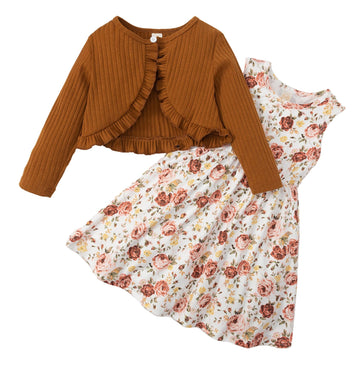 Kid Toddler Girl Fall Dress+Cardigan 2 Piece Floral/Plaid Sleeveless Dress and Cardigan Set